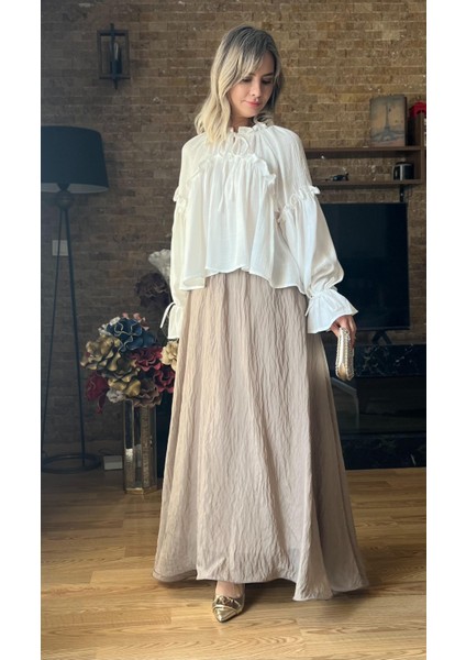 Etek Uçları Misinalı Fırfır Görünümlü Kadın Astarlı Şifon Etek indirimleri