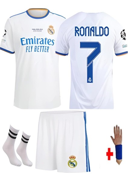 Cristiano Ronaldo Real Madrid 2018/19 Sezon Şeritli Beyaz Retro Çocuk Forması 4 Parça Forma+Şort+Çorap+Biliklik fiyatları