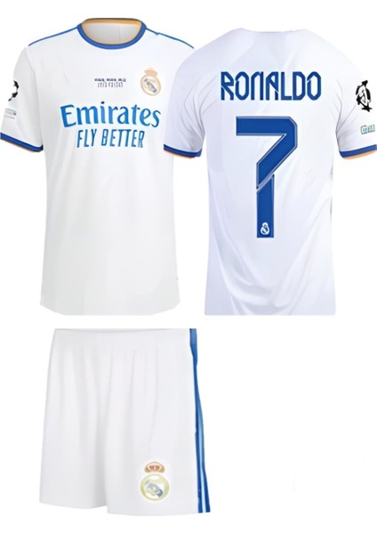 Cristiano Ronaldo Real Madrid 2018/19 Sezon Şeritli Beyaz Retro Çocuk Forması 4 Parça Forma+Şort+Çorap+Biliklik modelleri