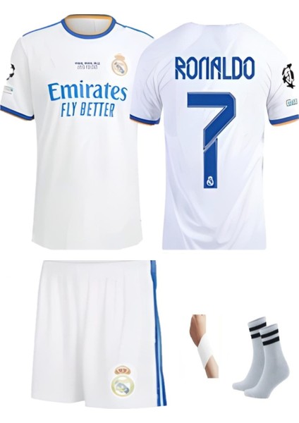 Cristiano Ronaldo Real Madrid 2018/19 Sezon Şeritli Beyaz Retro Çocuk Forması 4 Parça Forma+Şort+Çorap+Biliklik