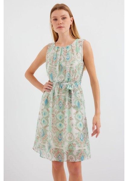 2501 Desenli Sıfır Kol Şifon Elbise - Mint fiyatları