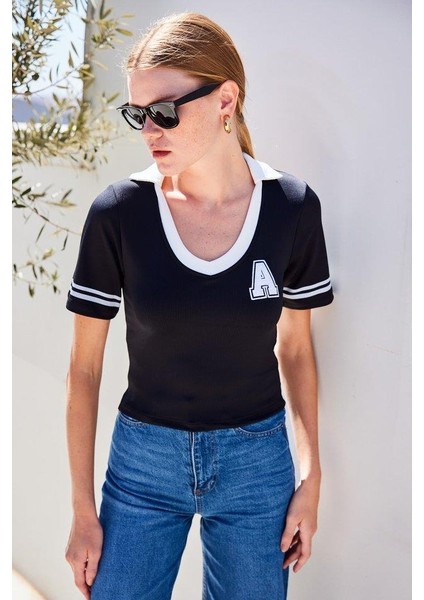 4320 Polo Yaka Basic Triko Bluz - Siyah fırsatları