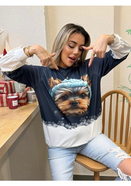 Kadın Uzun Kollu Bisiklet Yaka Köpek Baskılı Şardonlu Dalgıç Bluz modelleri