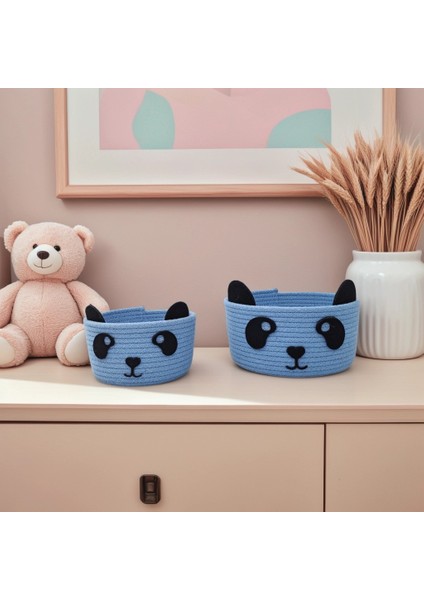 Panda Figürlü Ikili Örgü Sepet Seti - Oyuncak Sepeti - Bebek Odası Sepet - Düzenleyici - Organizer