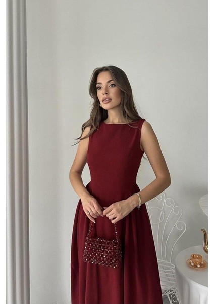Bordo Yanları Büzgülü Midi Boy Keten Elbise fırsatları