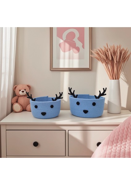Geyik Figürlü Ikili Örgü Sepet Seti - Oyuncak Sepeti - Bebek Odası Sepet - Düzenleyici - Organizer