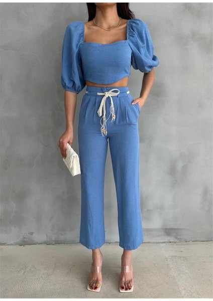 Keten Crop Karpuz Kol Bluz-Pantolon Hasır Kemerli - Mavi modelleri