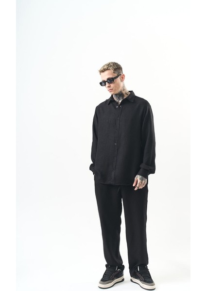 Oversize Erkek Siyah Keten Gömlek Salaş %100 Polyester