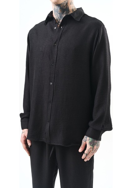 Oversize Erkek Siyah Keten Gömlek Salaş %100 Polyester fiyatları