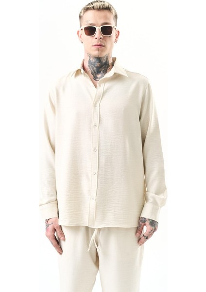 Oversize Erkek Bej Keten Gömlek Salaş %100 Polyester