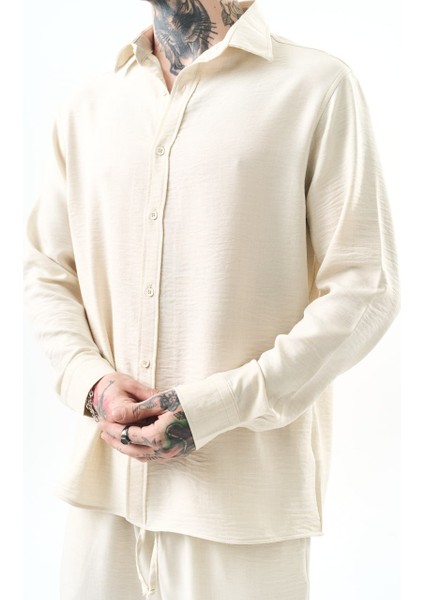 Oversize Erkek Bej Keten Gömlek Salaş %100 Polyester fiyatları