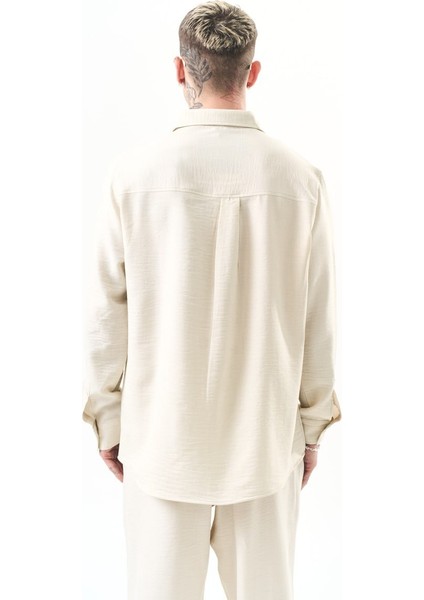 Oversize Erkek Bej Keten Gömlek Salaş %100 Polyester modelleri