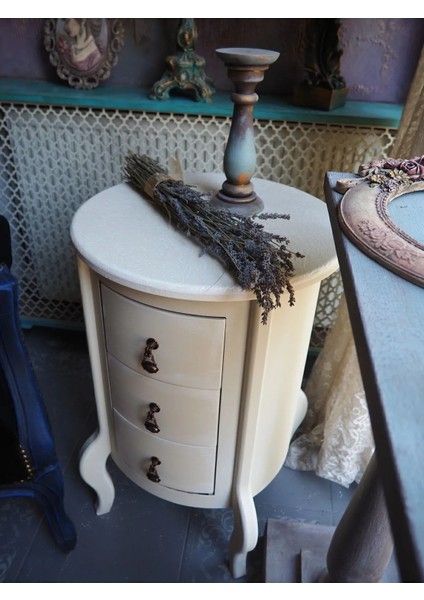 Krem Eskitme 3 Çekmeceli Ahşap Vintage Komodin fırsatları