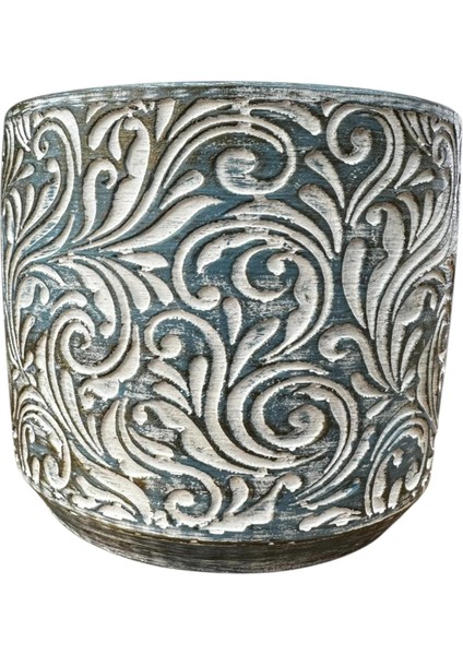 Ev Dekorasyon Mavi Eskitme Çiçek Desen Beton Saksı Çiçeklik Saksılık