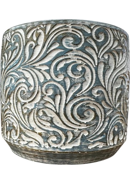 Ev Dekorasyon Mavi Eskitme Çiçek Desen Beton Saksı Çiçeklik Saksılık modelleri