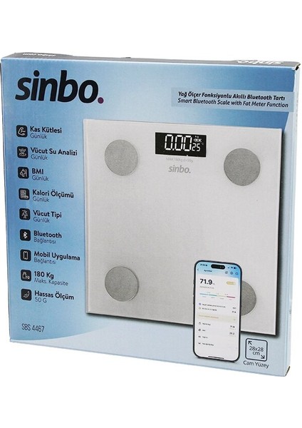Yağ Ölçerakıllı Bluetooth Cam Baskül Pilli 180KG/50GR 28X28CM 8-Kişi Hafıza LCD Ekran Gösterge SBS-4467 (4490)