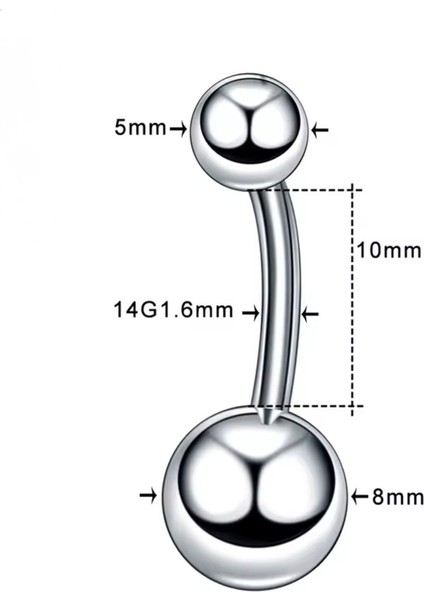 %100 316 L Cerrahi Çelik Çelik Göbek Piercing - Bar Uzunluğu 10 mm - 1 Adet