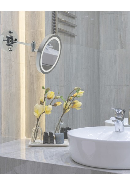 Duvara Monte LED Işıklı Krom Makyaj Aynası | Zoom Özellikli Premium Kozmetik Ayna | Ayarlanabilir Tasarım | Otel Buklet Serisi indirimleri