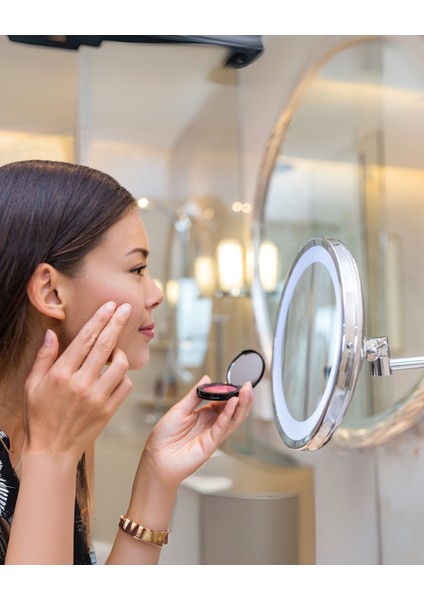 Duvara Monte LED Işıklı Krom Makyaj Aynası | Zoom Özellikli Premium Kozmetik Ayna | Ayarlanabilir Tasarım | Otel Buklet Serisi