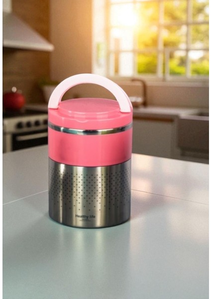 Kulplu Çelik Sefer Tası - Yemek Termosu Saklama Kabı 2 Katlı Pembe