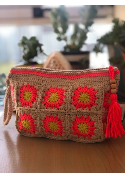 Motifli El Örgüsü Neon Bej Rengi Çanta, Handmade, tasarım çanta, Makyaj çantası, Günlük çanta, Plaj modası, Tığ işi şık clucht çanta fiyatları
