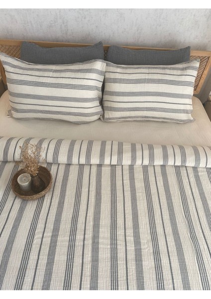 Müslin %100 Pamuklu Çift Kişilik Yıkamalı Nevresim Takımı Ütü Istemeyen Gri Çizgili