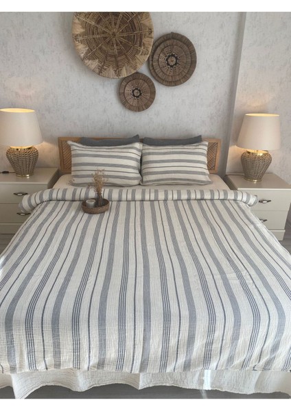 Müslin %100 Pamuklu Çift Kişilik Yıkamalı Nevresim Takımı Ütü Istemeyen Gri Çizgili fiyatları
