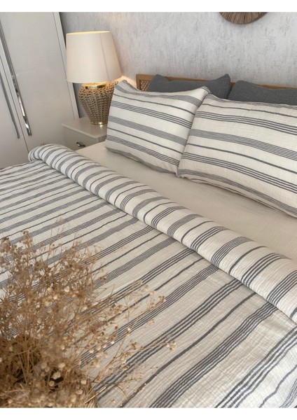 Müslin %100 Pamuklu Çift Kişilik Yıkamalı Nevresim Takımı Ütü Istemeyen Gri Çizgili modelleri