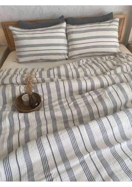 Müslin %100 Pamuklu Çift Kişilik Yıkamalı Nevresim Takımı Ütü Istemeyen Gri Çizgili fırsatları