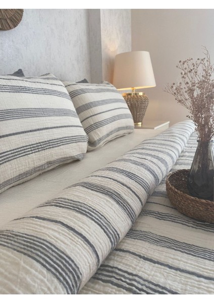 Müslin %100 Pamuklu Çift Kişilik Yıkamalı Nevresim Takımı Ütü Istemeyen Gri Çizgili indirimleri