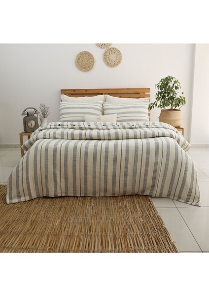 Müslin %100 Pamuklu Çift Kişilik Yıkamalı Nevresim Takımı Ütü Istemeyen Gri Çizgili