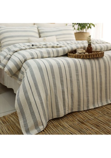 Müslin %100 Pamuklu Çift Kişilik Yıkamalı Nevresim Takımı Ütü Istemeyen Gri Çizgili