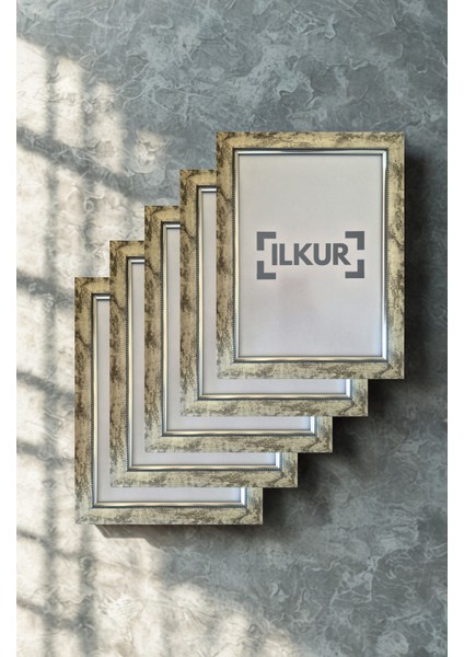 A4 Boyutunda (21X30 Cm) 3,5 cm Altın Biyeli Gümüş Eskitme Dokulu Mat Camlı Çerçeve Beşli