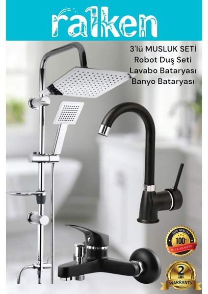 Lüx Siyah 3’lü Banyo Musluk Seti Robot Tepe Duş, Banyo, Sabit Lavabo Bataryası Musluğu Banyo Seti