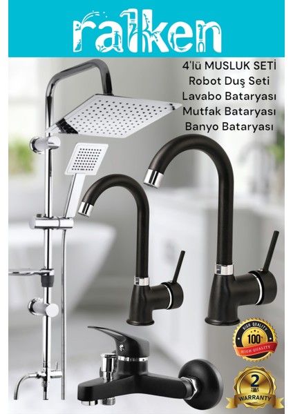 Lüx Siyah 4’lü Banyo Musluk Seti Robot Tepe Duş, Banyo, Lavabo, Eviye Mutfak Bataryası Musluğu