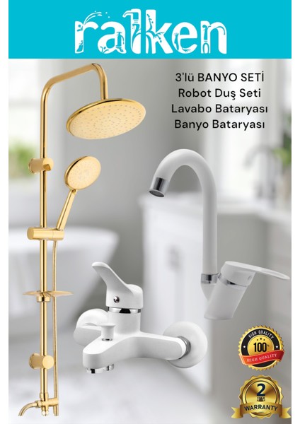 Lüx Beyaz Yuvarlak 3’lü Banyo Seti Altın Robot Tepe Duş, Banyo, Lavabo Bataryası Musluk Takımı