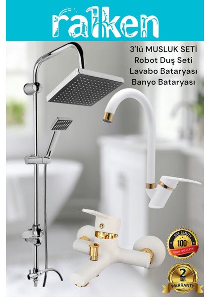 Lüx Beyaz Gold 3’lü Banyo Musluk Seti Robot Tepe Duş, Banyo, Lavabo Bataryası Musluğu Banyo Seti