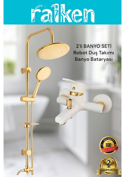 Lüx Beyaz Gold Yuvarlak 2’li Banyo Duş Seti Robot Tepe Duş ve Banyo Duş Bataryası Banyo Takımı