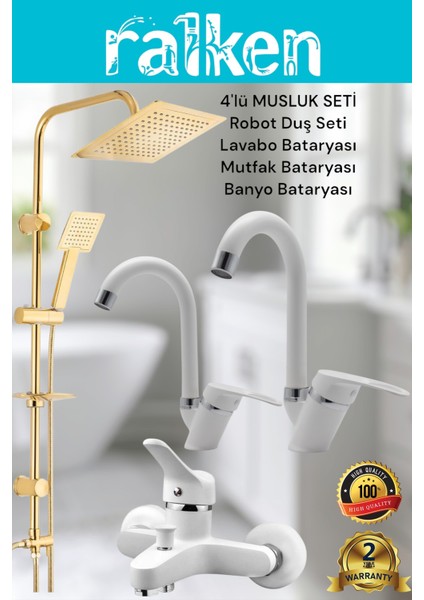 Lüx Beyaz Kare 4’lü Banyo Seti Altın Robot Tepe Duş, Banyo, Lavabo, Eviye Mutfak Bataryası Musluğu