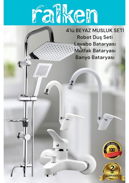 Lüx Beyaz 4’lü Banyo Musluk Seti Robot Tepe Duş, Banyo, Lavabo, Eviye Mutfak Bataryası Musluğu