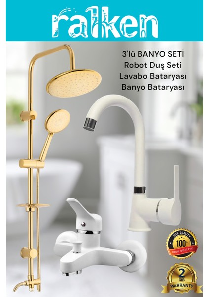 Lüx Beyaz Kalın Gövde 3’lü Banyo Musluk Seti Altın Robot Tepe Duş, Banyo, Lavabo Bataryası Musluğu