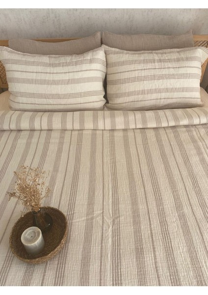 Müslin %100 Pamuklu Çift Kişilik Yıkamalı Nevresim Takımı Ütü Istemeyen Bej Çizgili