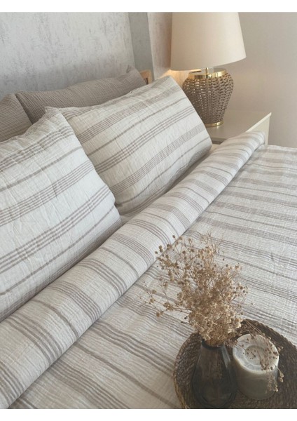 Müslin %100 Pamuklu Çift Kişilik Yıkamalı Nevresim Takımı Ütü Istemeyen Bej Çizgili fiyatları