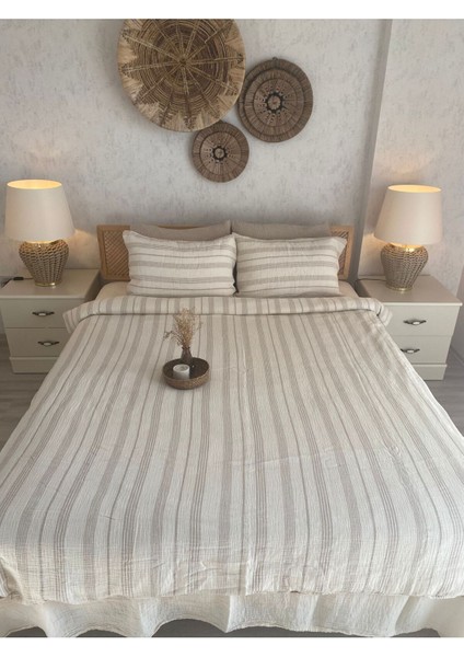 Müslin %100 Pamuklu Çift Kişilik Yıkamalı Nevresim Takımı Ütü Istemeyen Bej Çizgili modelleri