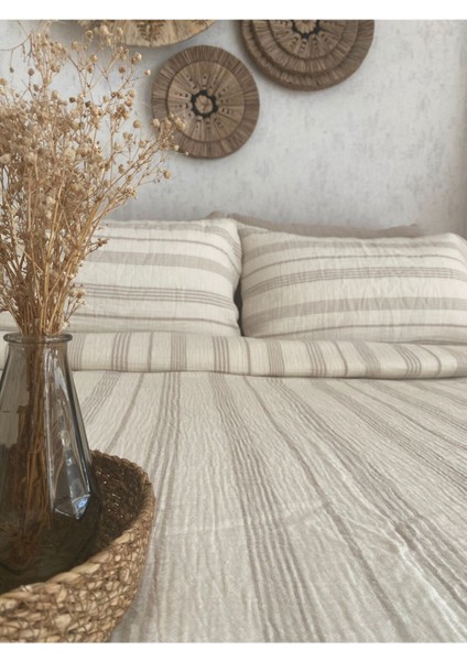 Müslin %100 Pamuklu Çift Kişilik Yıkamalı Nevresim Takımı Ütü Istemeyen Bej Çizgili fırsatları