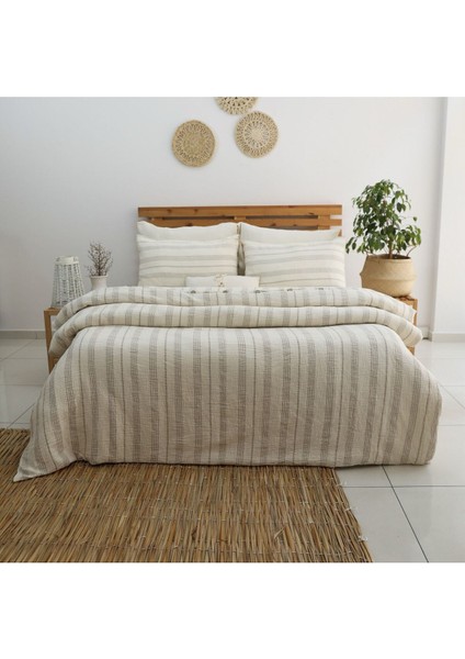 Müslin %100 Pamuklu Çift Kişilik Yıkamalı Nevresim Takımı Ütü Istemeyen Bej Çizgili indirimleri