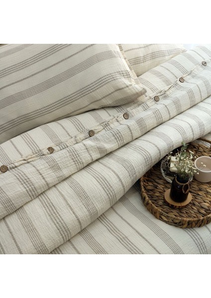 Müslin %100 Pamuklu Çift Kişilik Yıkamalı Nevresim Takımı Ütü Istemeyen Bej Çizgili