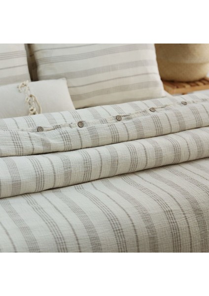 Müslin %100 Pamuklu Çift Kişilik Yıkamalı Nevresim Takımı Ütü Istemeyen Bej Çizgili