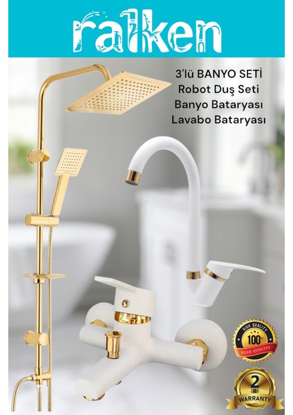 Lüx Beyaz Gold Kare 3’lü Banyo Seti Altın Robot Tepe Duş, Banyo, Lavabo Bataryası Musluk Takımı
