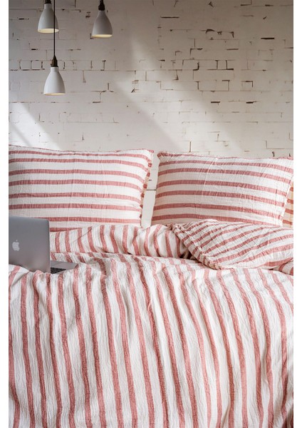Müslin %100 Pamuklu Çift Kişilik Yıkamalı Nevresim Takımı Ütü Istemeyen Pudra Pembe Çizgili